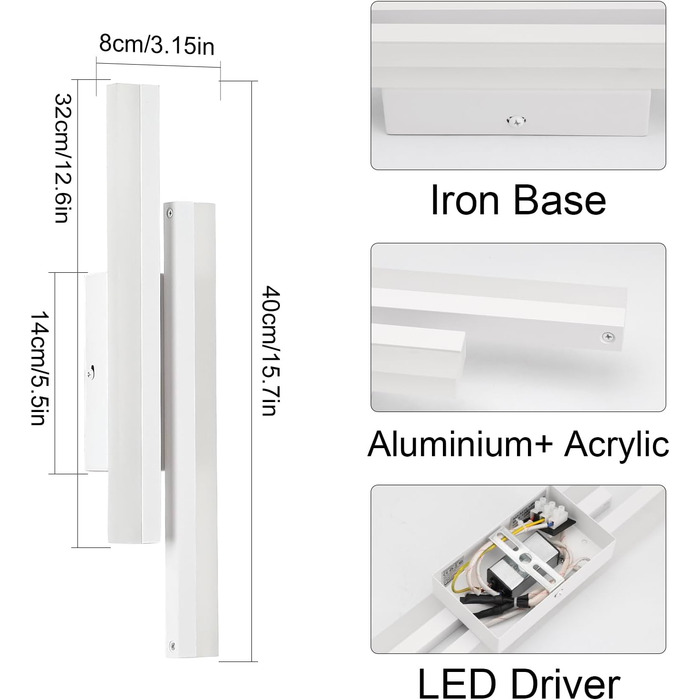 Настінний світильник Klighten LED 40см, 12Вт 850LM, теплий білий 3000K, для спальні/вітальні, білий