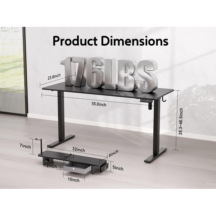 Електричний стіл-трансформер WALKINGDESK з шухлядою та підставкою для монітора, регульований письмовий стіл 140x61 см для домашнього офісу, ергономічний стіл для роботи стоячи та сидячи, чорний, з тримачем для телефону та 3 гачками