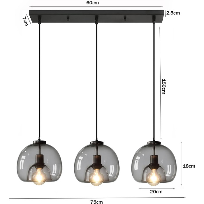 Вінтажний підвісний світильник зі скла на 3 лампи E27, регульований по висоті, з лампочкою, димчастий сірий