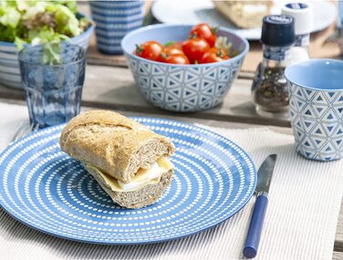 Набір посуду для кемпінгу на 4 особи, блакитно-білий, з меламіну, 16 предметів. Ідеально для кемпінгу, автодому та пікніків