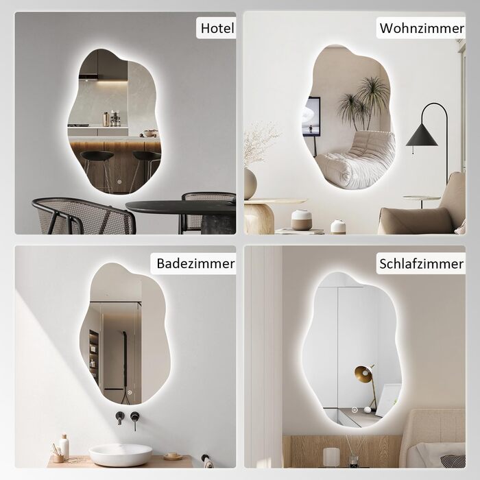 Дзеркало для ванної кімнати Badspiegel 70x50см з підсвічуванням 3 кольори, сенсорне керування, прямокутне, 62x90см, енергоклас A++