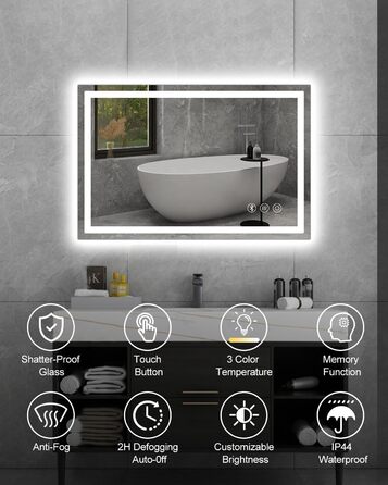 Дзеркало для ванної кімнати Habison з підсвічуванням LED, 50x70 см, сенсорне керування, регулювання яскравості, 3 колірні температури, функція пам'яті, протитуманне покриття, Bluetooth, матова центральна частина