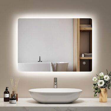 Дзеркало для ванної кімнати EMKE з підсвічуванням 80x60 см, з полицею, антизапар, регульоване світло 6500K, сенсорне керування, функція пам'яті, без рами