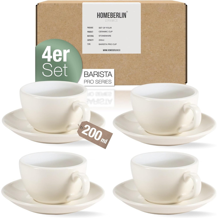 HOMEBERLIN® Набір кавових чашок Barista Pro Cappuccino (200мл) - 4 шт. з підставками - Преміум якість з якітного фарфору, ручна робота, білий глазур