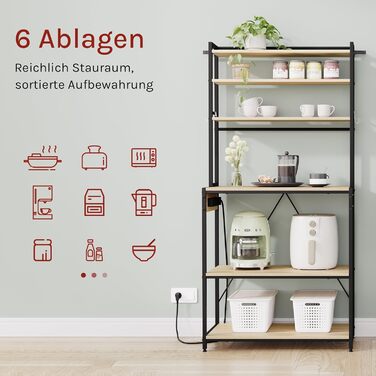 Кухонна полиця WOLTU з 6 ярусами, з розетками, для мікрохвильової печі, з металевим каркасом, регульовані полиці, Чорний+Рустикальний коричневий, 60 x 167 x 40 см