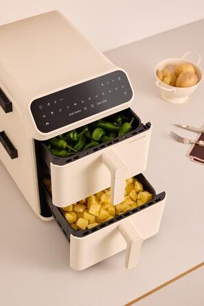 Фритюрниця без олії повітряного приготування 4.2L з пароваркою / Об'єм 5-6 порцій, 6 програм, скляна корзина, регулювання часу та температури, 1300W (11.2L ДУАЛЬНА СТАК, Кремовий білий)