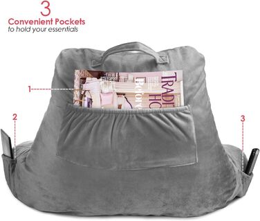 Подушка для читання Clara Clark з підлокітниками для дітей та дорослих – преміум подушка з піною з пам'яті для перегляду телевізора та сидіння в ліжку – сіра, середнього розміру