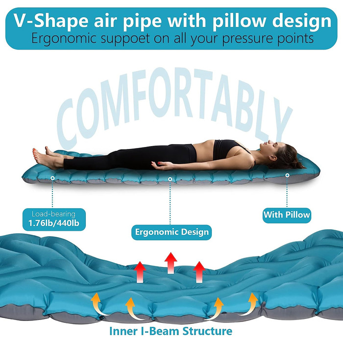 Спальний килимок для кемпінгу Toywoo, надувний спальний килимок товщиною 3,7 фута з повітряною подушкою для ніг, надлегкий водонепроникний Матрац для кемпінгу для піших прогулянок, походів, кемпінгу, подорожей Темно-Павиний синій