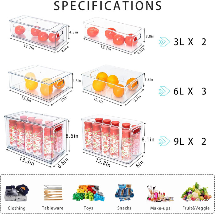Органайзери для холодильника MineSign (4 шт.): висувні контейнери для зберігання продуктів, прозорий пластик, для кухні та комори (2S + 3L + 2XL)