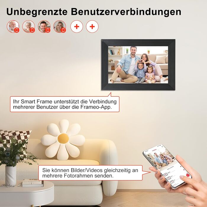 Frameo Цифровий фоторамка 10.1 дюйма з Wi-Fi, HD сенсорний екран, 16GB пам'ять, автоматичне обертання, віддалене завантаження фото та відео, настінний монтаж (чорний)