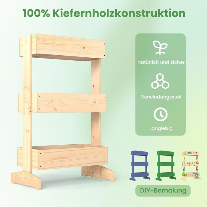 Вертикальна грядка COSTWAY з 3 ярусами, 6 контейнерами для квітів, дерев'яний ящик для тераси, балкона, саду 126x90x115 см (натуральне дерево)