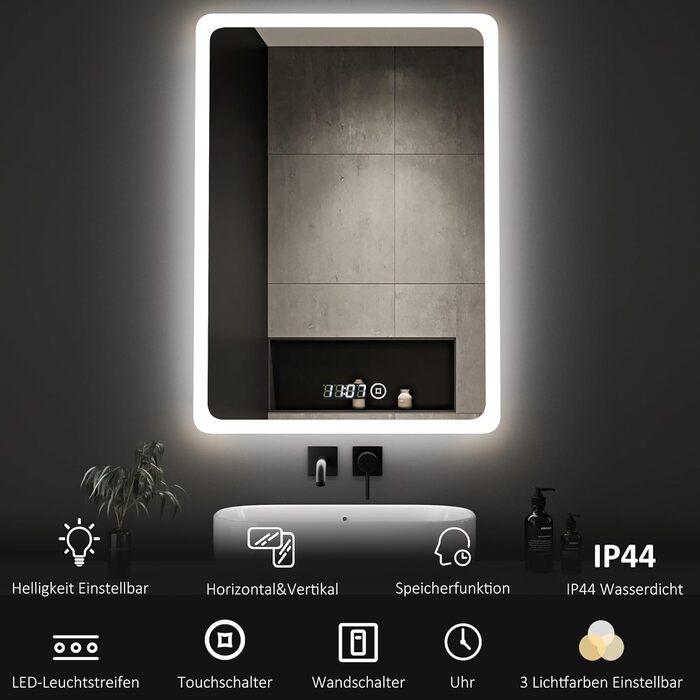 Дзеркало для ванної кімнати з підсвічуванням та годинником Boromal 50x70 см, диммер, 3 кольори світла, 2470 лм