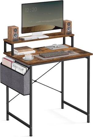 Письмовий стіл, комп'ютерний стіл з підставкою для монітора, сумка для зберігання, X-подібні стійки, регульовані ніжки, 55 x 80 x 91 см, для домашнього офісу, промисловий дизайн, вінтажний коричнево-чорний LWD080B01 80x55cm