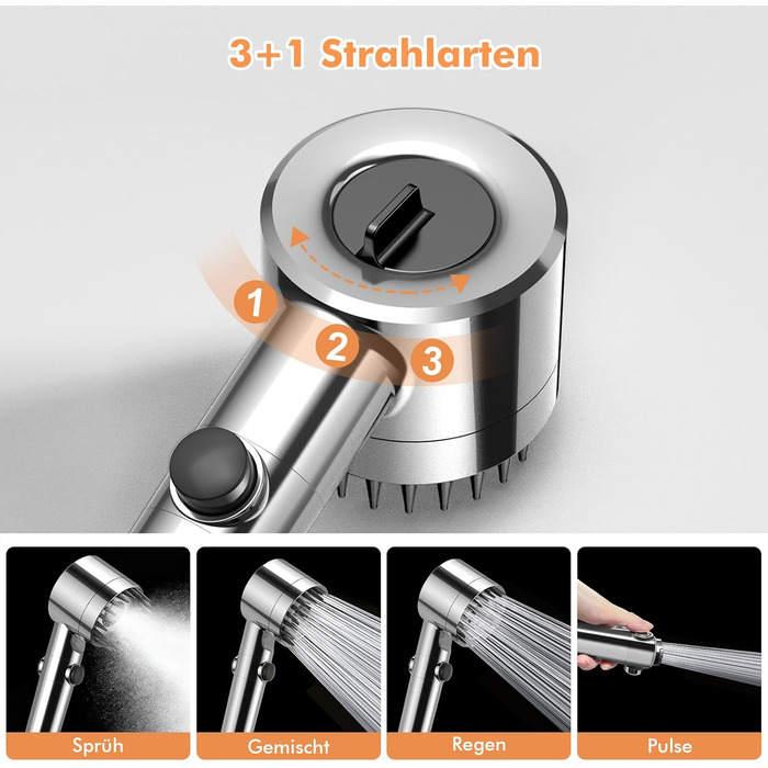 Фільтр-лійка для душу MEKO з високим тиском, ручна насадка з 15-шаровою системою фільтрації, шланг 1,5 м, 3 режими, економна водою, видаляє хлор, жорстку воду, важкі метали (сріблястий)