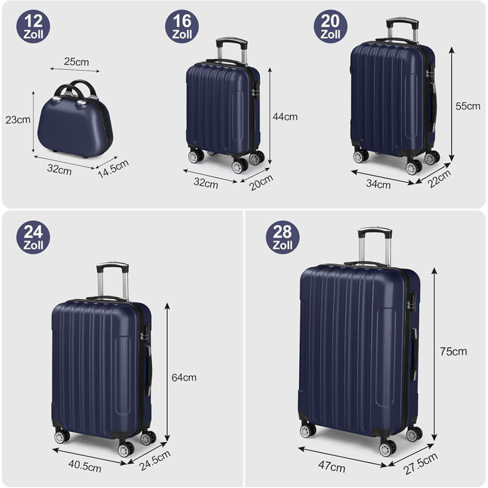 Набір валіз LALAHO 5 шт. з косметичками, з ABS пластику, для подорожей, ручна та велика валіза, блакитний (смужки)