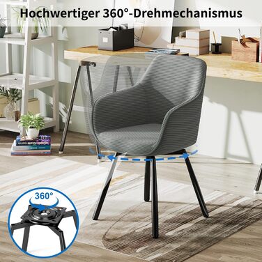 LEWE Комплект з 4-х обертових стільців для їдальні з підлокітниками, сірий. Сучасні стільці для кухні/вітальні з дерев'яними ніжками та спинкою.