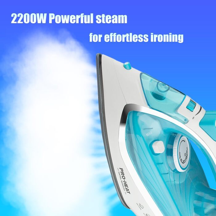 Парова праска з керамічною підошвою, самоочищення, 340 мл резервуар для води, 3000 Вт, автоматичне вимкнення (зелена/блакитна)