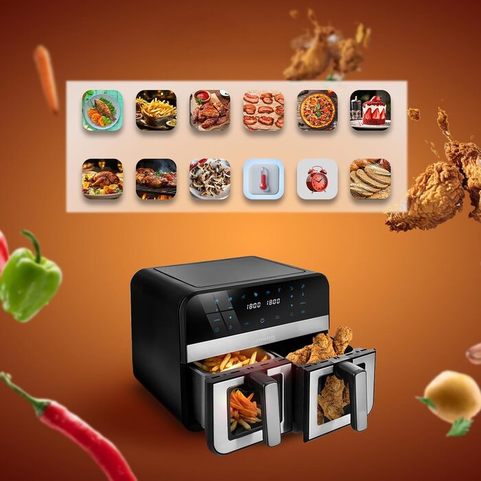 Фритюрниця повітряна LEHMANN XXL з 2 камерами (9л) - 13 програм, Touchscreen, антипригарне покриття