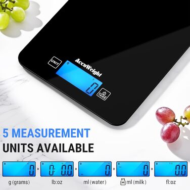 Кухонні ваги ACCUWEIGHT з Bluetooth та підрахунком калорій (4 батарейки) – цифрова вага для їжі до 5 кг з LCD дисплеєм, підходить для приготування їжі та схуднення CK780