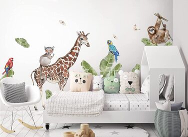 Наклейка на стіну Grandora XXL, наклейка на стіну у вигляді тварин джунглів, жирафа, Сафарі, листя, прикраса для дитячої кімнати, для дитячої кімнати, 264 x 146 см (шт.)