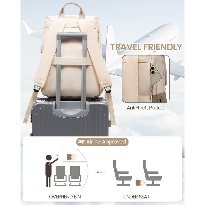 Жіночий рюкзак LOVEVOOK 15.6 дюймів: водонепроникний, для ноутбука, універсальний, для роботи, навчання, подорожей, бежевий/коричневий