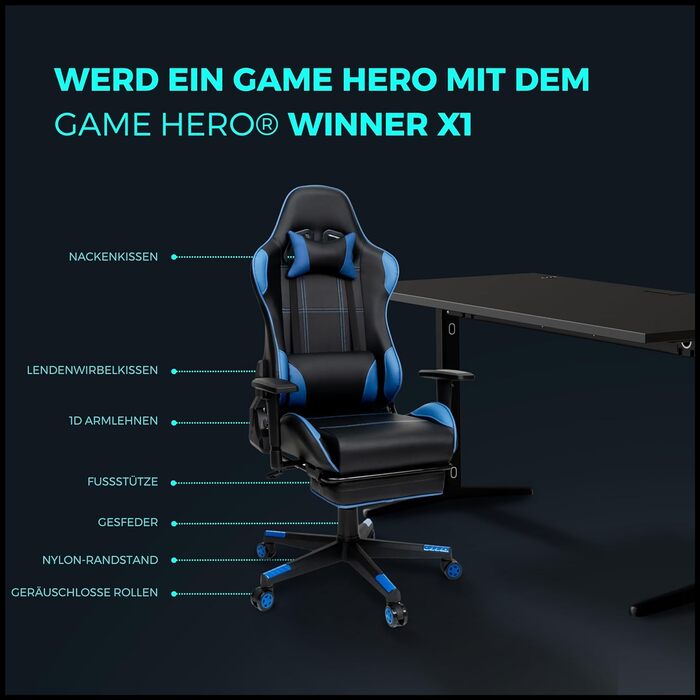 Ігрове крісло Game Hero Winner X1 з підставкою для ніг, функцією відкидання та регульованими по висоті підлокітниками - Офісне крісло преміум-класу Ергономічне письмове крісло для геймерів - З можливістю завантаження до 125 кг - Штучна шкіра - (Синій)