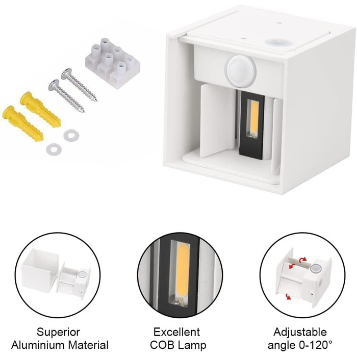 Klighten Настінний світильник з датчиком руху, 12W, IP65, 3000K, тепле біле світло, для вулиці/інтер'єру, регульований світловий потік