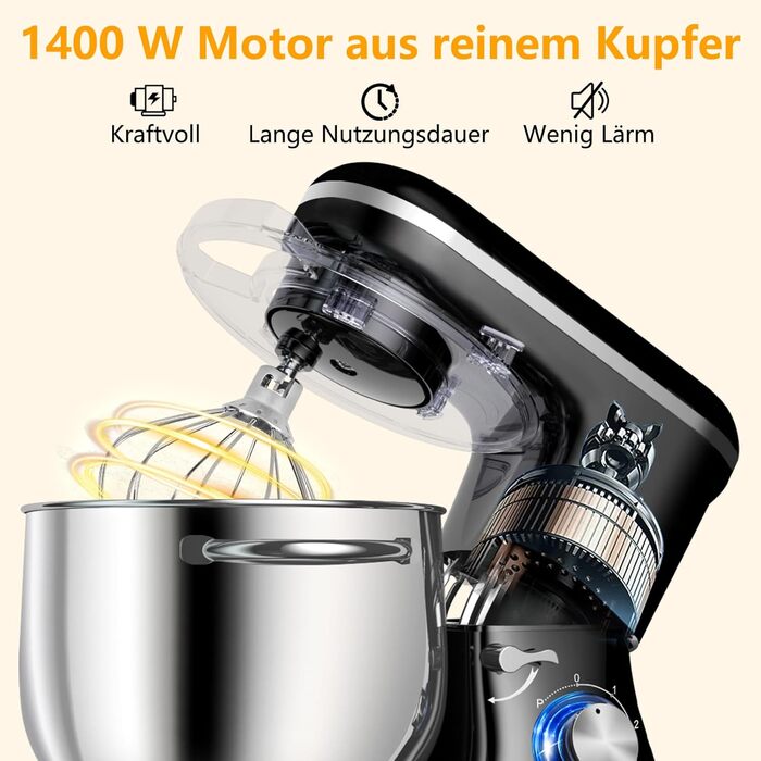 Кухонна машина AUMATE 1400W, 8 л, з міксером, гаком для тіста та вінчиком, 6 швидкостей, чорний колір