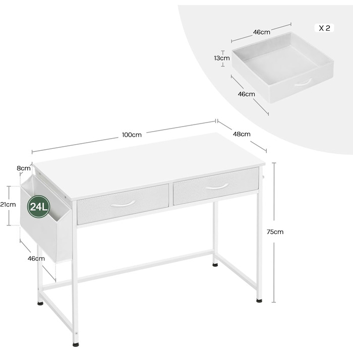 Комп'ютерний стіл Klihome з 2 ящиками та місцем для зберігання - 120x48x75 см, білий, з тримачем для навушників (100x48 см)