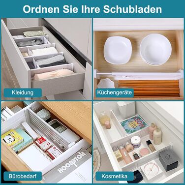 Організатори для ящиків MOFELON (8 шт.), регульовані роздільники для ящиків (33-58.5 см, 6.4 см H), система організації для шаф, комодів, кухні, спальні, ванної кімнати - білий