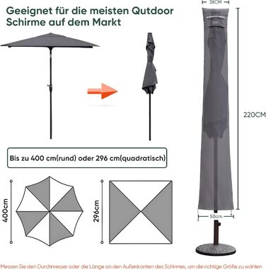 Захисний чохол для парасольки від сонця, сірий (220 x 30/50 см)