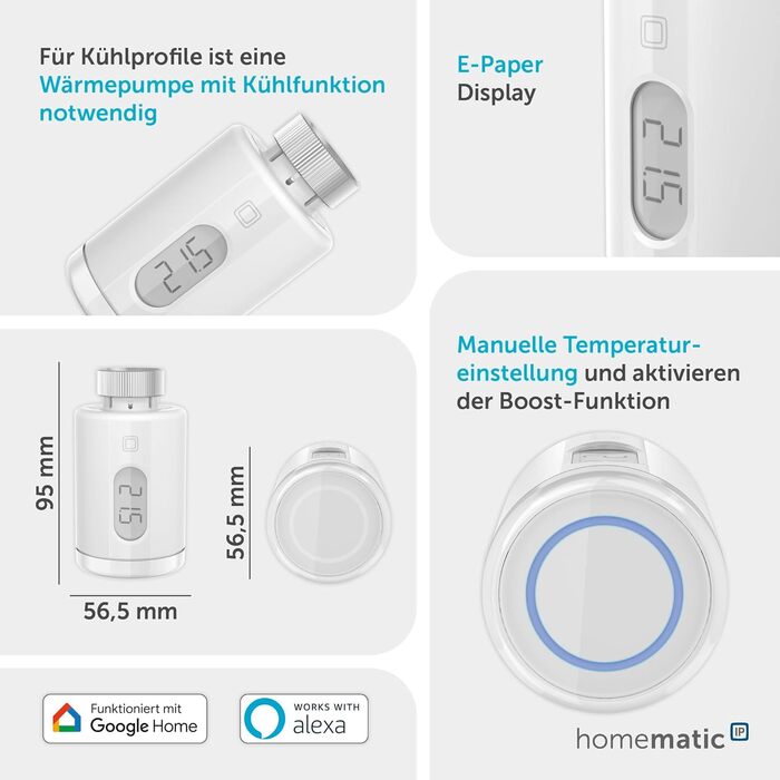 Homematic IP Термостат на радіатор Smart Home – цифровий термостат для опалення, керування через додаток, сумісний з Alexa та Google Home, легка установка, енергозбереження (153412A3)