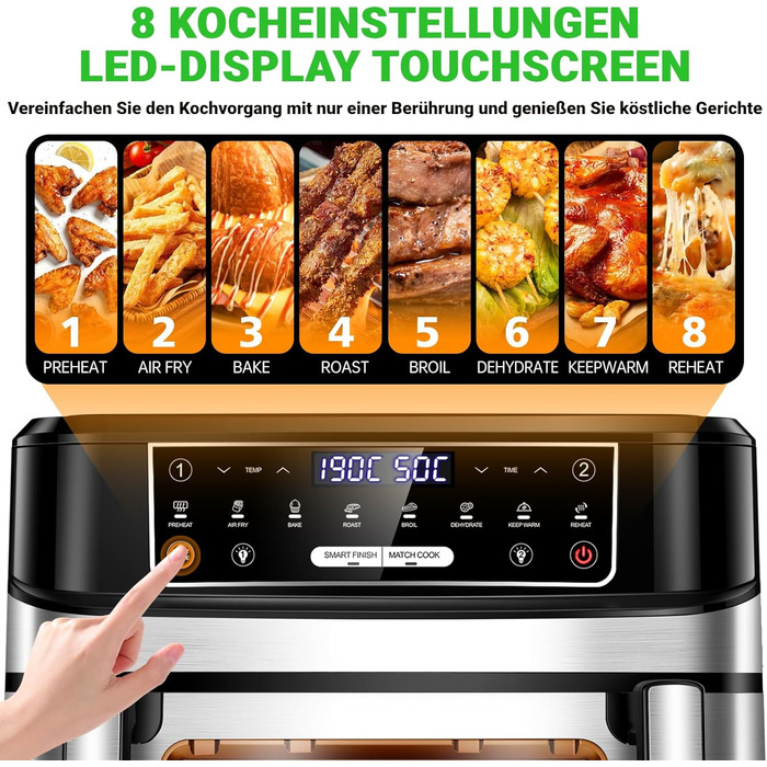 Фритюрниця повітряна XXL з двома камерами | 12л, 8-в-1, регулювання температури, сенсорний екран, до 200°C, для смаження без олії (срібна)