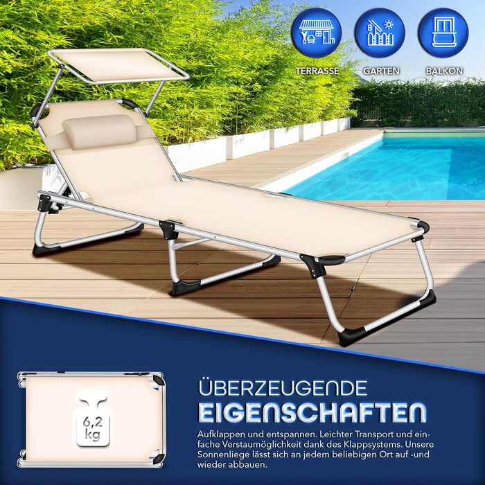 Сонячне ліжко Tillvex® з дахом та подушкою для голови | Садова лежанка, розкладний лежак | Пляжний лежак з регульованою спинкою | Алюмінієве ліжко (Basic, Бежевий)