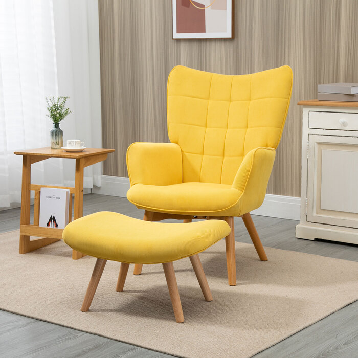 Крісло для відпочинку HOMCOM Recliner Крісло-крило з табуретом жовтого кольору, крісло з дерев'яними ніжками, вельвет Look для зручного сидіння