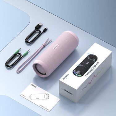 RIENOK Портативна Bluetooth Колонка з Підсвічуванням, Рожева, IPX7 Водонепроникна, 3600 mAh, Bluetooth 5.3, Бас, Стерео Звук