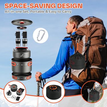 Набір посуду для кемпінгу на 2 особи: каструля, сковорода, чайник, тарілки, чашки, столові прибори (Löffel, Gabeln) для пікніків, походів та кемпінгу