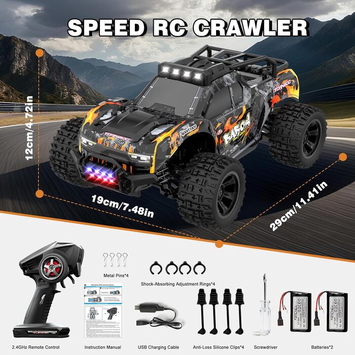 Радіокерований позашляховик FEIMUOSI 1:18 RC Car: LED, 2.4GHz, 2 акумулятори, 20 км/год, для дітей та дорослих (Чорний)