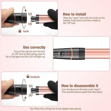 BESTOPE PRO Набір для завивки волосся 5-в-1 – 3 керамічні насадки для великих локонів та хвиль – швидкий нагрів, 2 температурні режими, локонові щипці з рукавичкою та 2 зажимами, антифrizz, подвійне напруження, рожеве золото