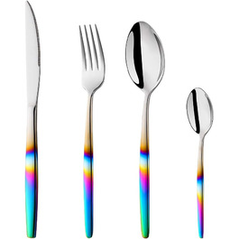 Ніжний набір столових приборів з нержавіючої сталі з кольоровими ручками на 4 особи (16 предметів). Екологічний столовий сервіс для вечірок, пікніків, кемпінгу та подорожей. Можна мити в посудомийній машині.