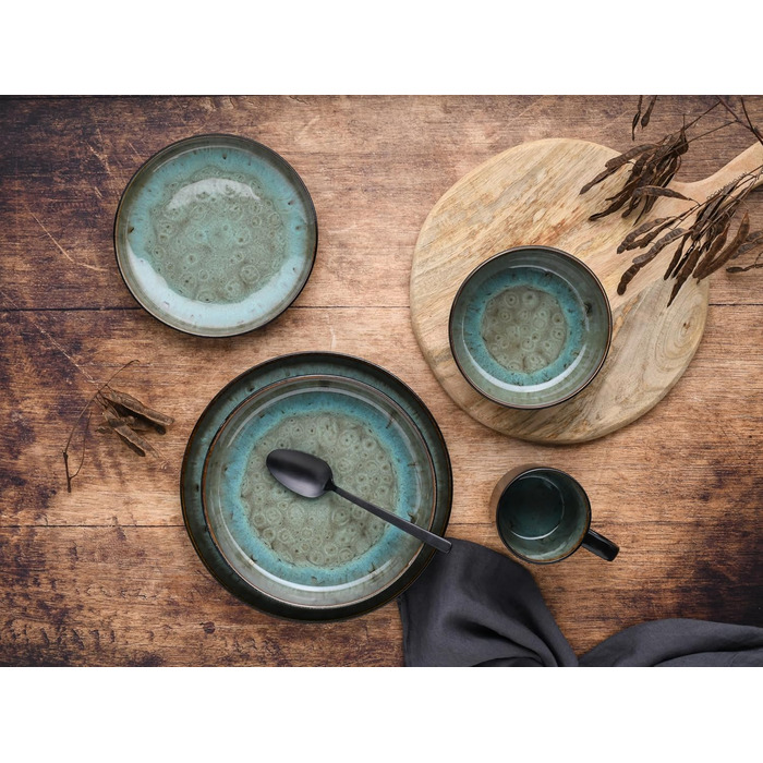 CreaTable Серія Nordic Fjord Green Набір посуду 16 предметів для 4 осіб, комбінований сервіс зі штучного каменю, підходить для посудомийної машини та мікрохвильової печі, якісне виробництво, зелений колір