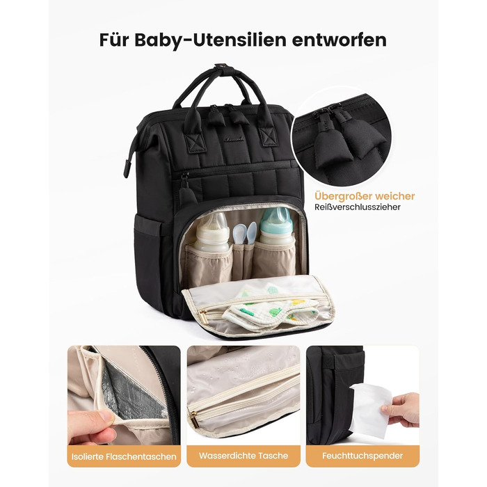 LOVEVOOK Рюкзак-переноска для малюків, рюкзак-пеленальник, сумка для підгузків, водонепроникна дитяча сумка, органайзер, ремені для дитячої коляски (M, Чорний)