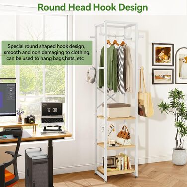 Підставка для одягу IBUYKE, вільного стояння, з 3 полицями та 8 гачками, індустріальний дизайн, для передпокою, коридору, спальні, 180 x 40 x 30 см, колір: натуральний та білий