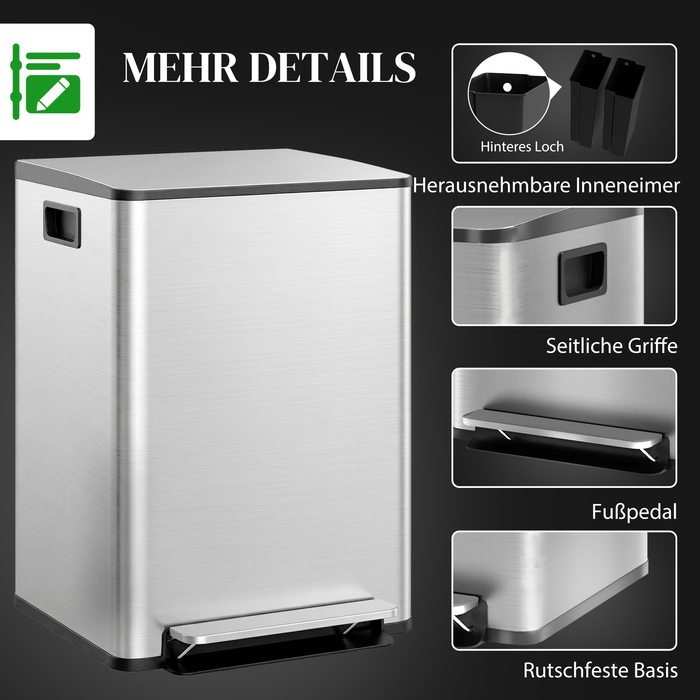 Відро для сміття з двома відсіками по 30 літрів, м'яке закриття кришки, стійке до відбитків пальців, нержавіюча сталь, сріблястого кольору