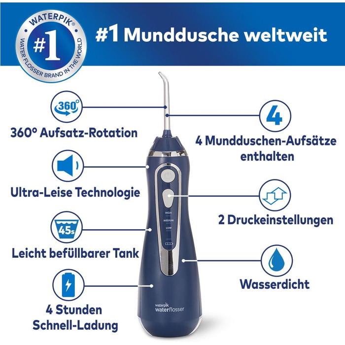 Waterpik Advanced Бездротова Іригатор для Рота, Тестер-Переможець 2024, Технологія Precision Pulse, До 99,9% Видалення Нальоту, 4 Насадки, 3 Режими, Індукційна Зарядка, Білий (Cordless Advanced Blue)