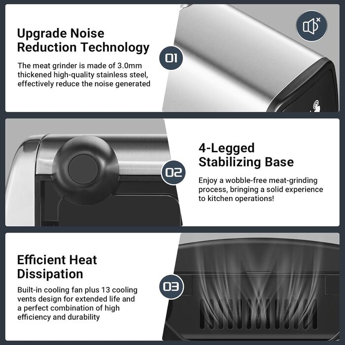 М'ясорубка електрична AAOBOSI #12 (3000 Вт, 3 швидкості) - професійна, з насадками для ковбас, кібе, бургера, 4 диски, 2 ножі, срібляста