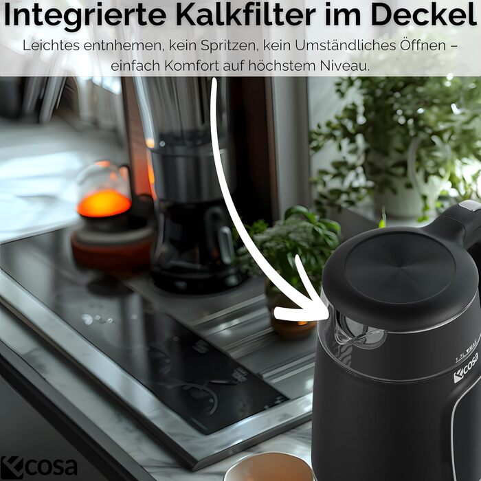 Електричний чайник Ecosa® зі скляною колбою та нержавіючою сталлю, 1,7 л, 2200 Вт, регулювання температури 40°C-100°C, підігрів, LED-підсвічування (Black Pearl)