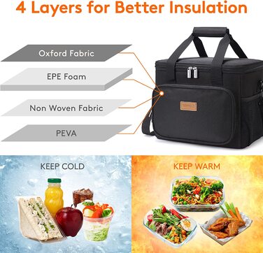 Сумка-холодильник Lifewit, сумка для пікніка, сумка для ланчу, сумка для ланчу, Термальна сумка-холодильник, ізольована сумка-холодильник для перевезення продуктів, (Чорний, 15 л)