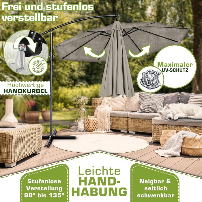 Садова парасолька-ампел Tillvex з алюмінієвим стержнем та чохлом, 350 см, Taupe — поворотна на 360° з рукою-кurbel, захистом від UV та вітру, водонепроникна