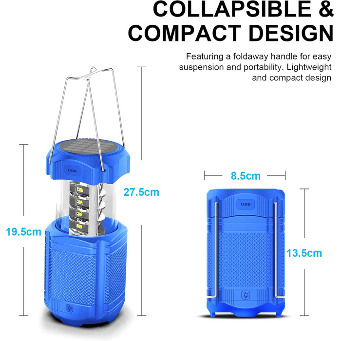 Світлодіодний кемпінговий ліхтар Сонячний портативний акумулятор 5000 мАг Акумуляторний з рукояткою, USB, гачком (синій)